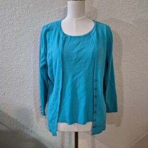 Talbots Vintage 2 Piece Sweater Set L Turquoise Cardigan Tank Twinset